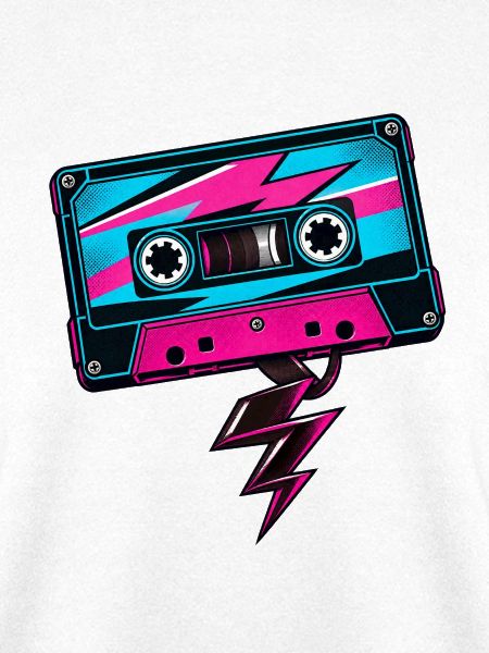 B-Seite: Retro-Kassette und Musikstrahl