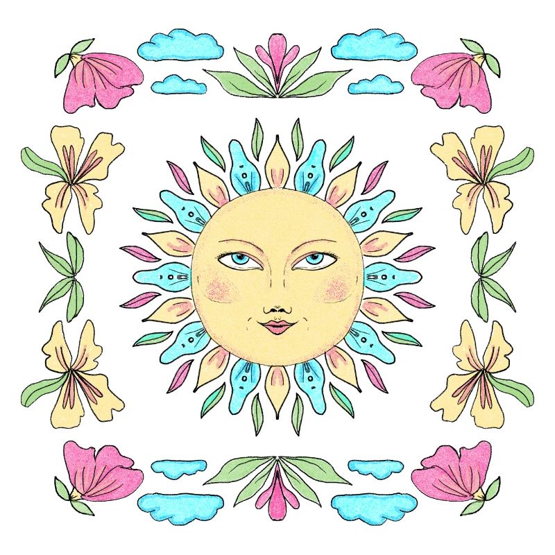 Sonnengesicht im Blumenkreis