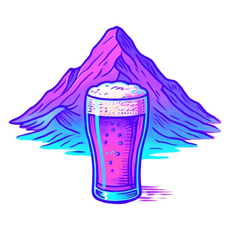 Neon Bierglas vor Berglandschaft