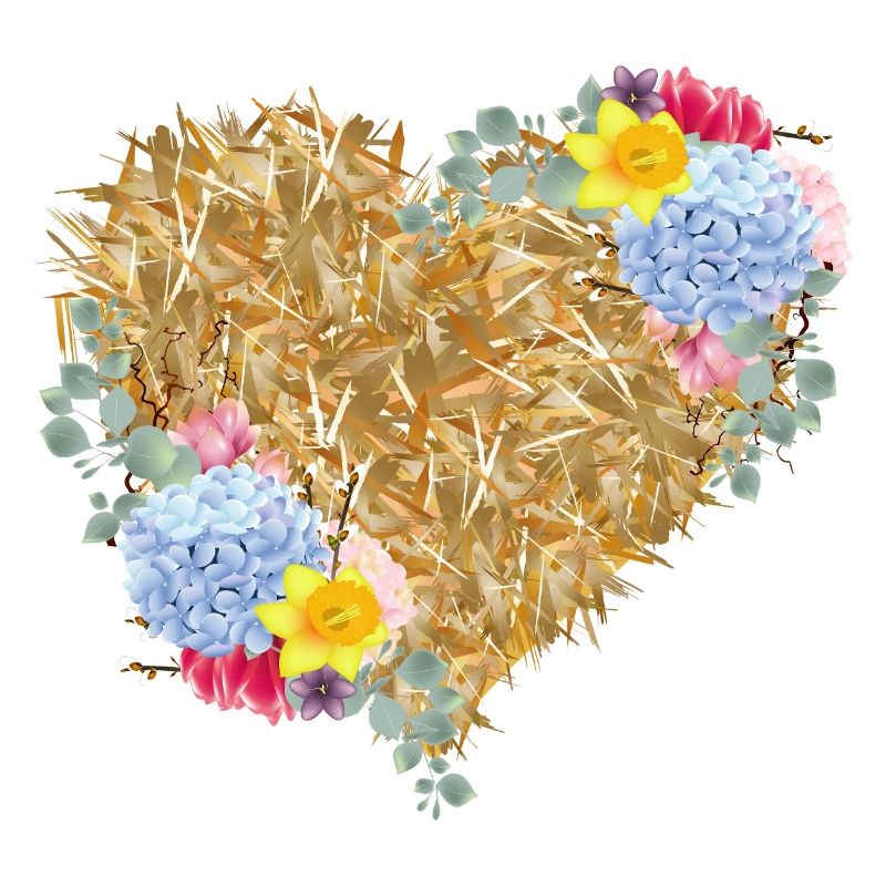 Herz aus Stroh mit Frühlingsblumen