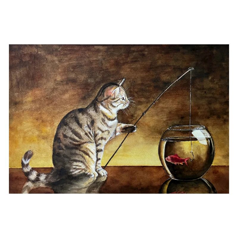 Chat pêcheur et poisson rouge dans le bocal