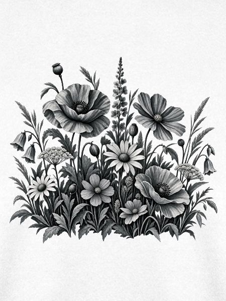 Wildblumen Blumenwiese in Schwarz Weiß