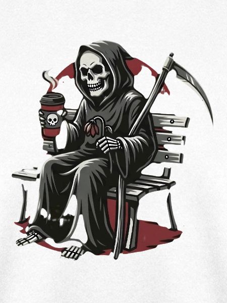 Grim Reaper Kaffee auf Bank