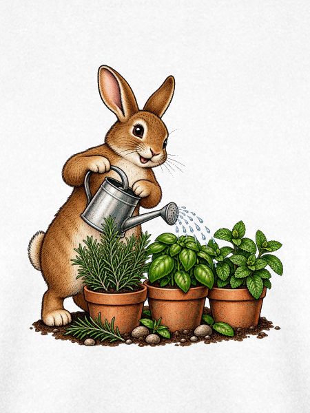 Hase gießt einen Kräutergarten