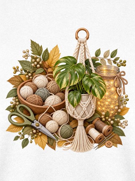 Herbstmakramee mit Garnknäueln und Blätter