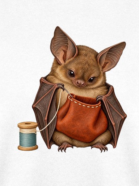 Fledermaus näht einen Lederbeutel