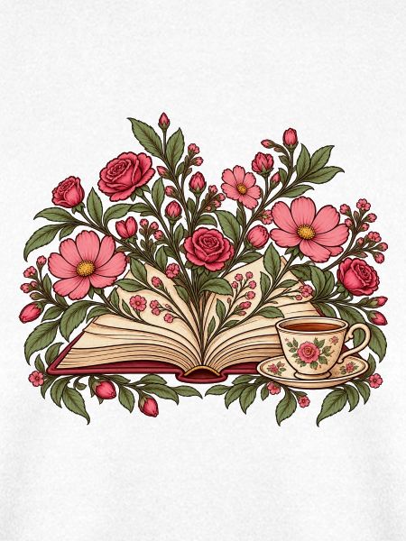 Blumenbuch mit Tee – botanische Leseillustration