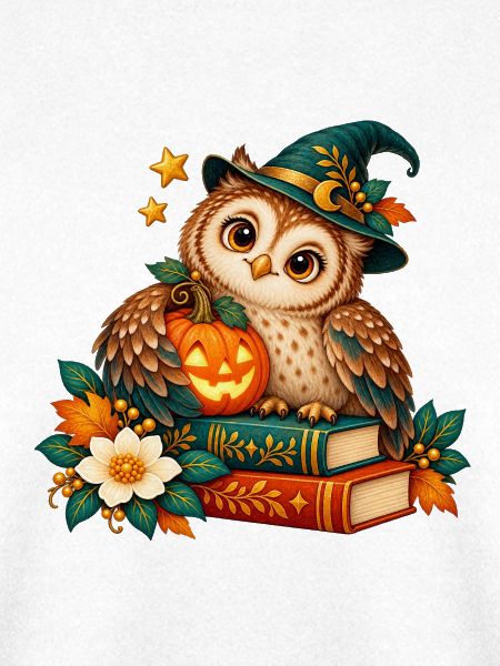 Halloween-Eule zwischen Büchern und Kürbis