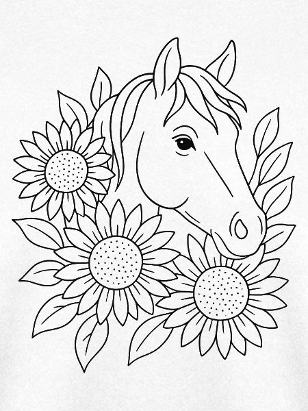 Pferdekopf mit Sonnenblumen zum ausmalen