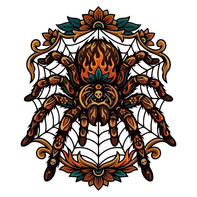 Tarantula Fire Flames Spider Web Pattern Motif