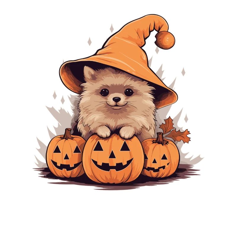 Halloween Hexenhut Kürbis Hund Zwergspitz