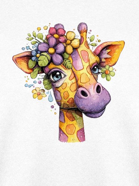 Giraffenporträt mit Blumenkranz