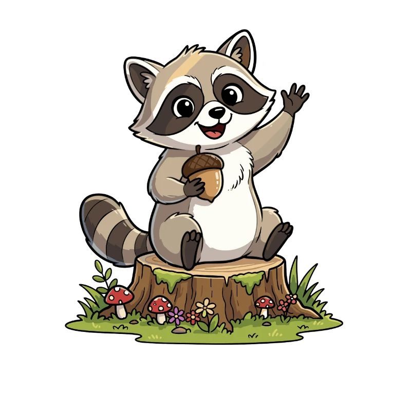 Waschbär am Waldbank mit Eichel