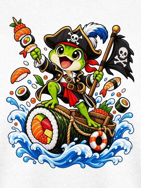 Piratenfrosch segelt ein Sushi-Roll-Schiff