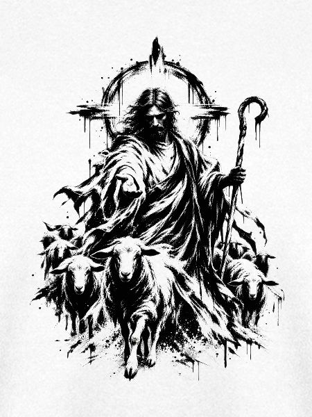 Jesus als Hirte mit Schafherde