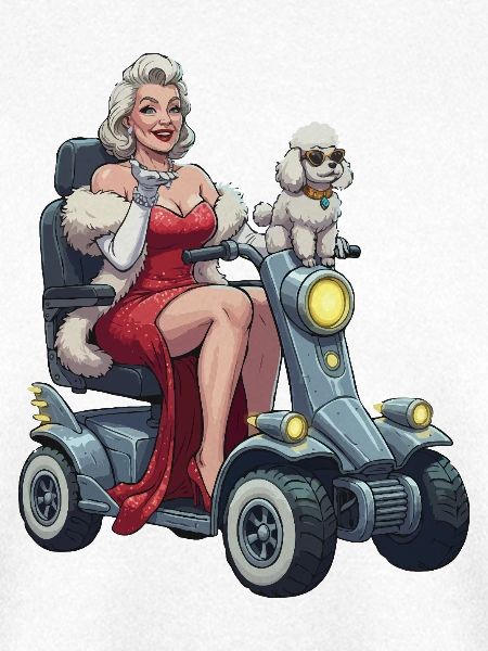 Pinup-Diva auf Mobilitätsroller und Hund