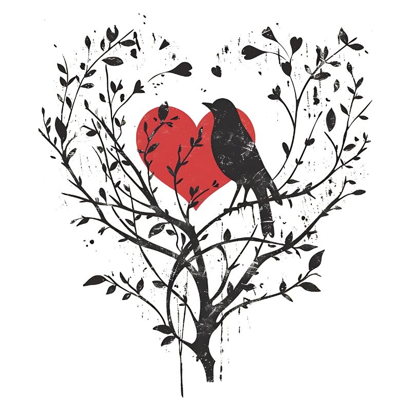Baum mit Herz und die Silhouette eines Vogels, Liebe