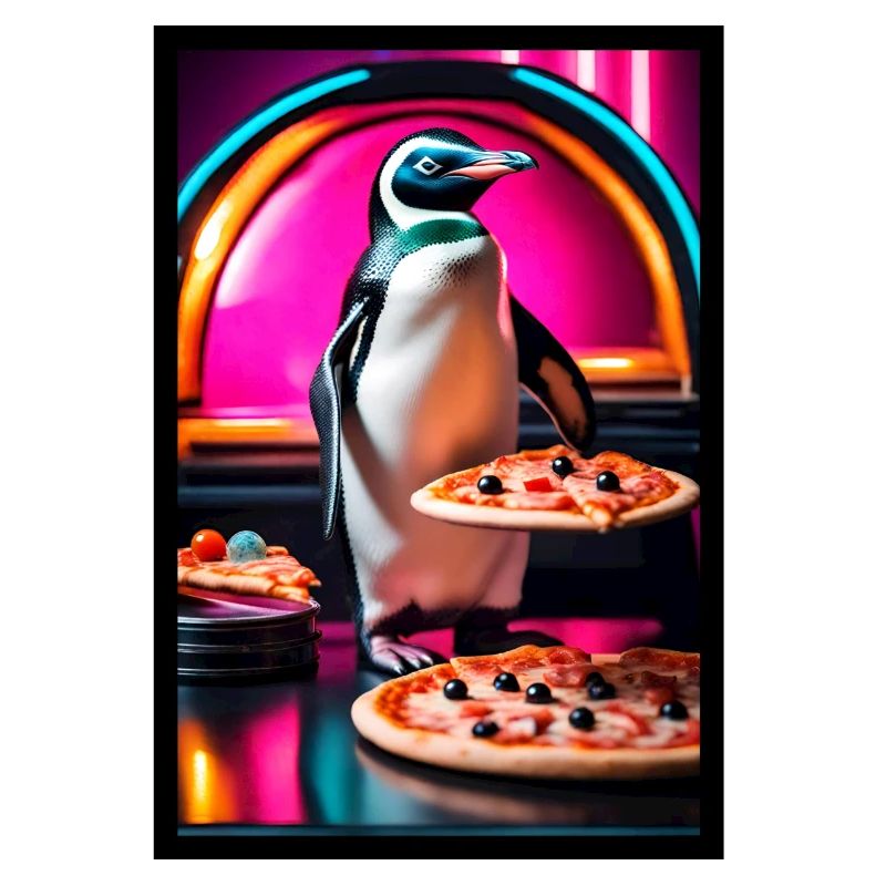 Pinguin mit Pizza Neon-Diner
