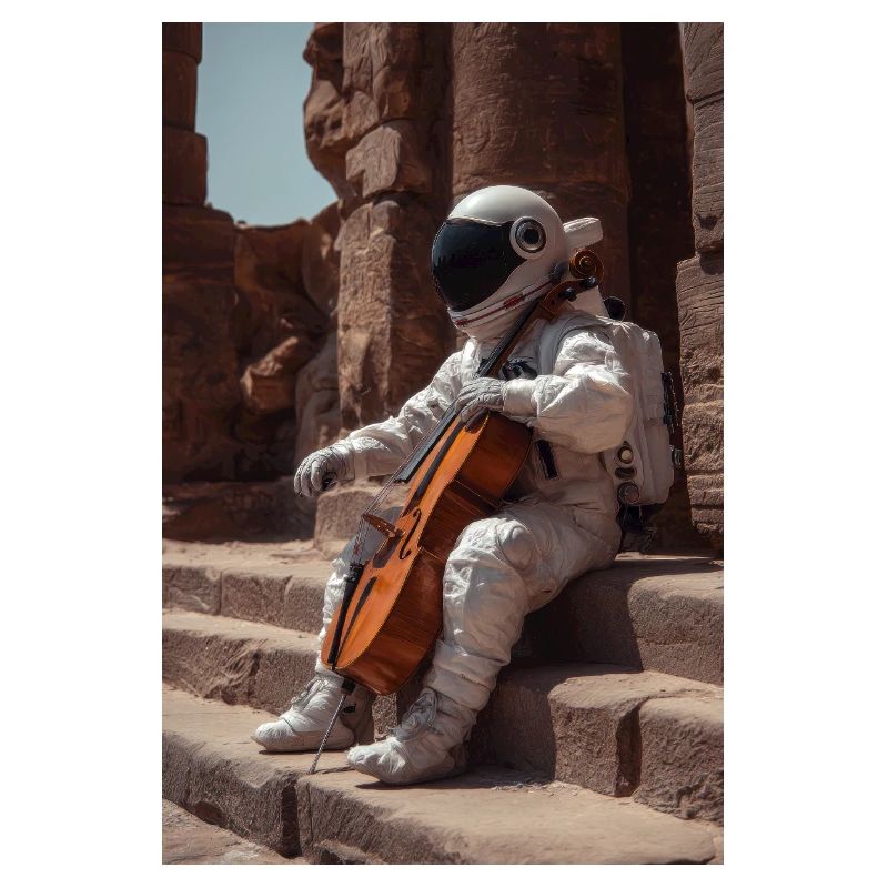Astronaut mit Cello auf uralten Stufen