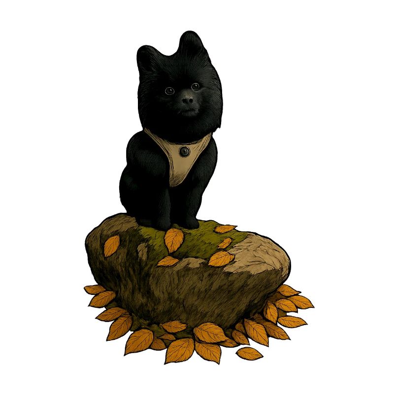 Schwarzer Spitz Hund auf Baumstamm