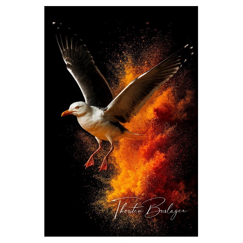 Vol de mouette devant la poussière de feu