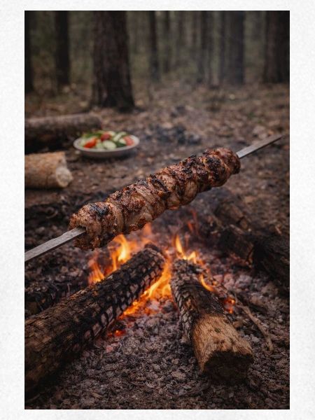 Lagerfeuer Spieß im Wald