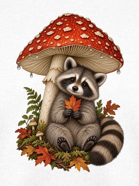 Waschbär unter Waldpilzen