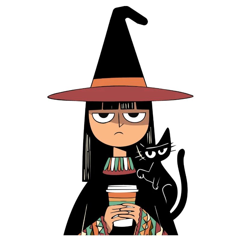 Grumpy Witch with Coffee and Black Cat – Halloween