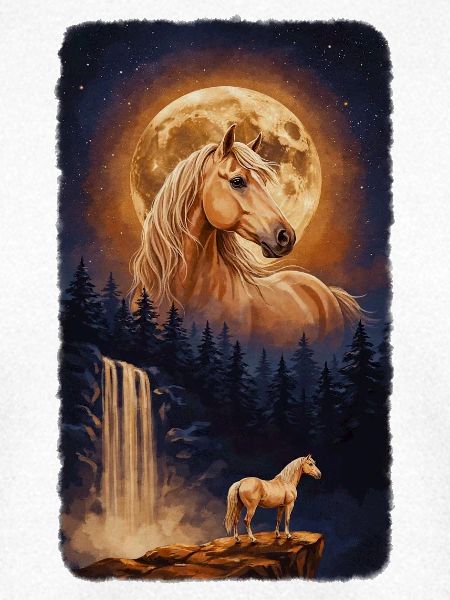 Mystisches Pferd Vollmond und Wasserfall