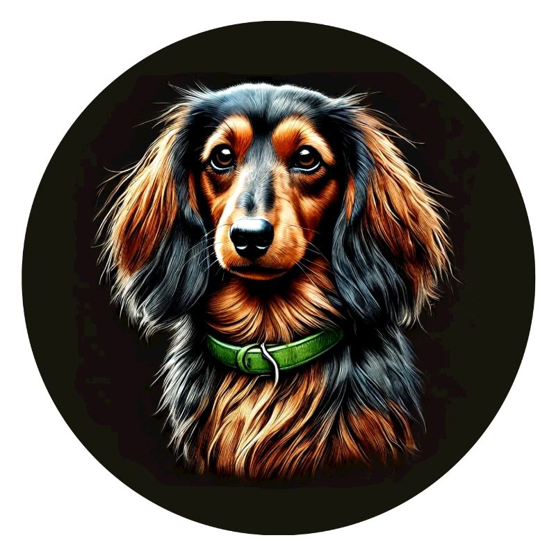 Portrait teckel à poil long avec collier vert