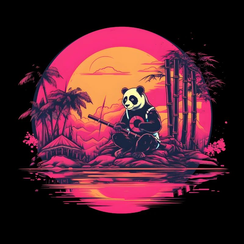 Synthwave Panda Japon Coucher de soleil