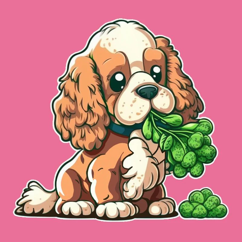 Cute dog eats broccoli vegetables