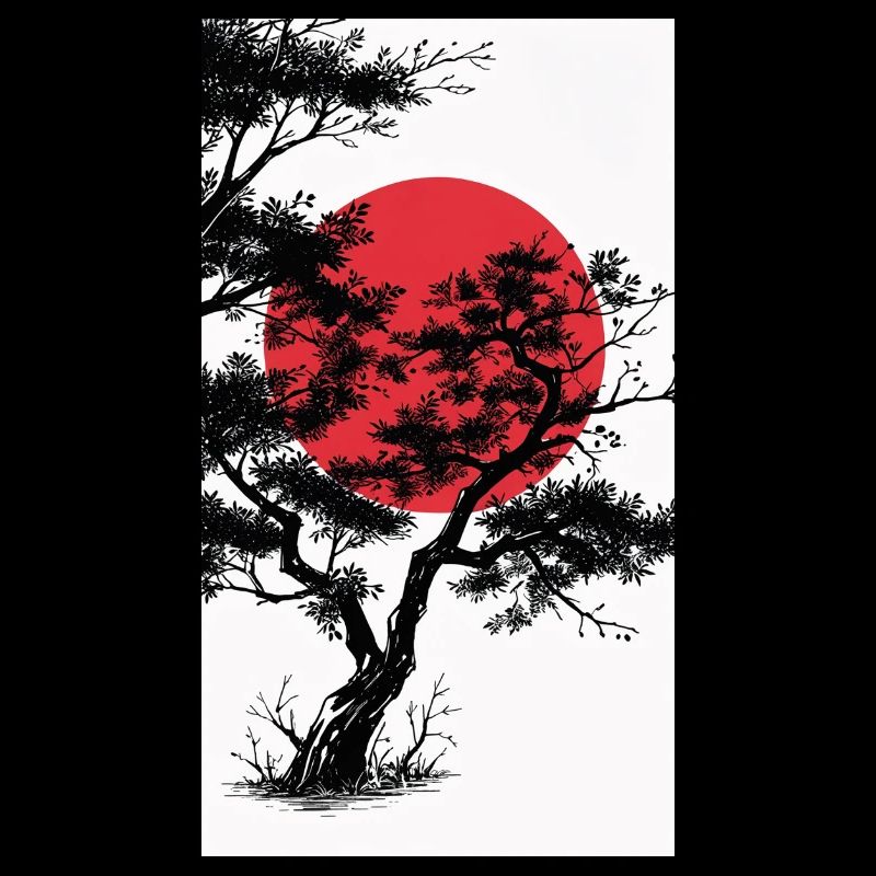Manga-Style Dark Tree with Red Sun