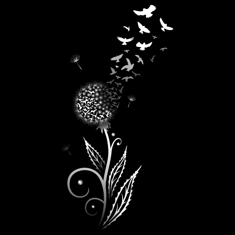 Pissenlit en filigrane avec volée d'oiseaux.