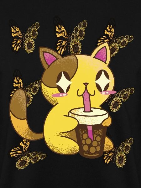 Nette Katze mit Sonnenblumen-Schmetterlings-Tee-Ka