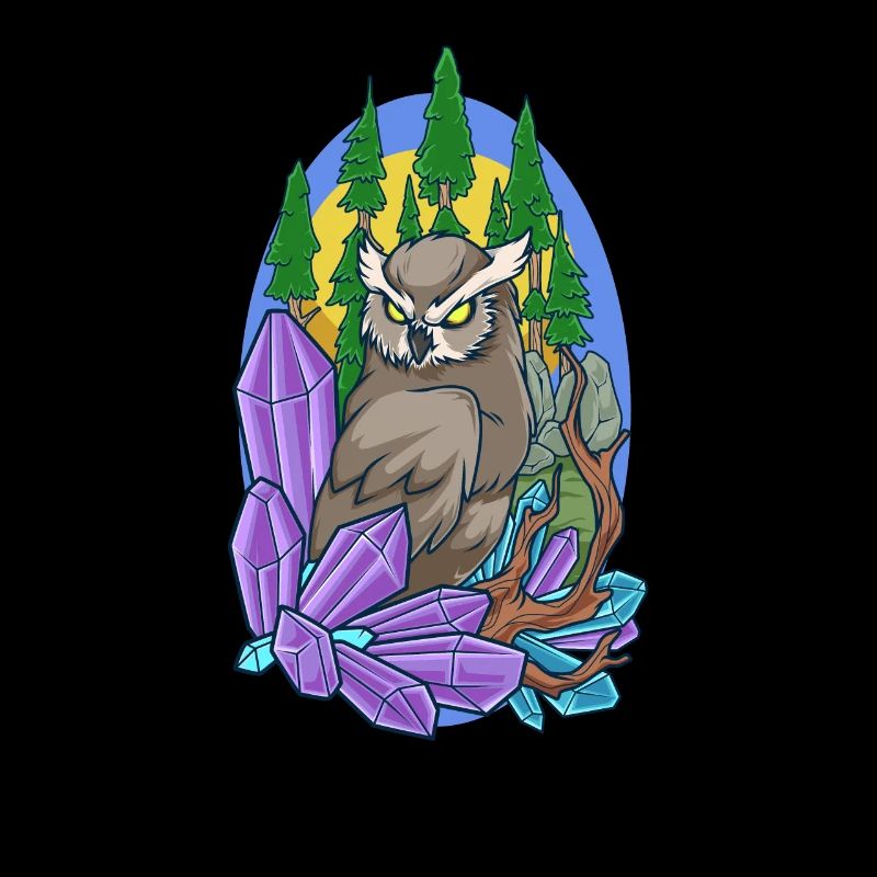 Ästhetische Eule im Wald mit Kristallen