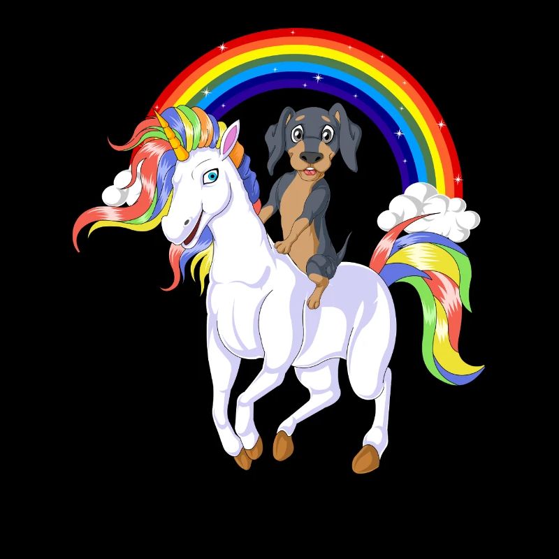 Lustiger Dackel reitet Einhorn auf Regenbogen magisch