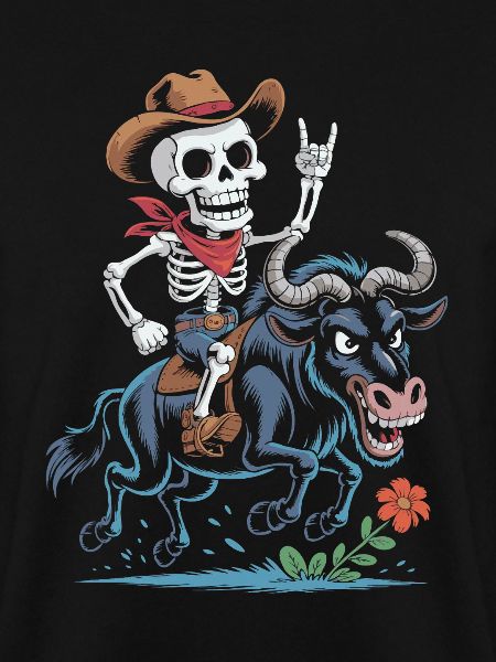 Skelett Cowboy Rodeo auf Gnu