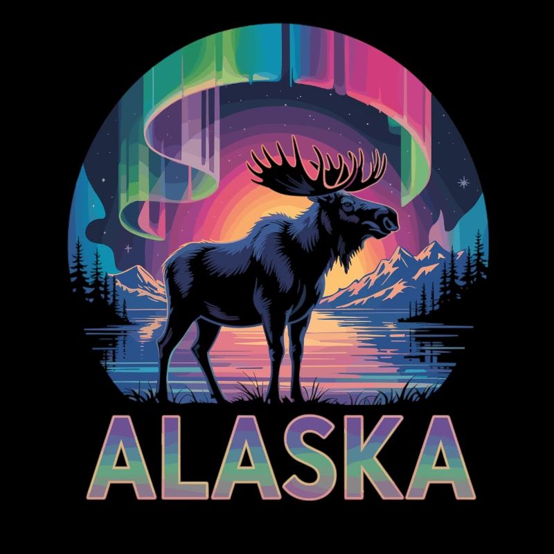 Alaska T-Shirt – Elch & Polarlichter