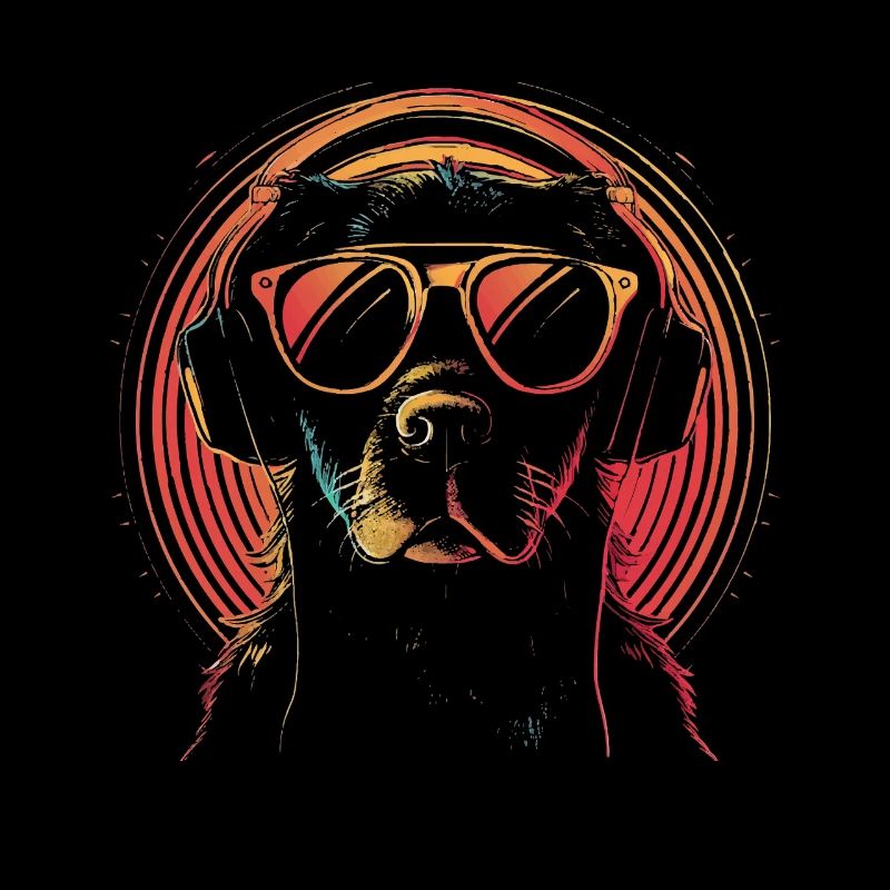 Chien néon avec lunettes de soleil et écouteurs