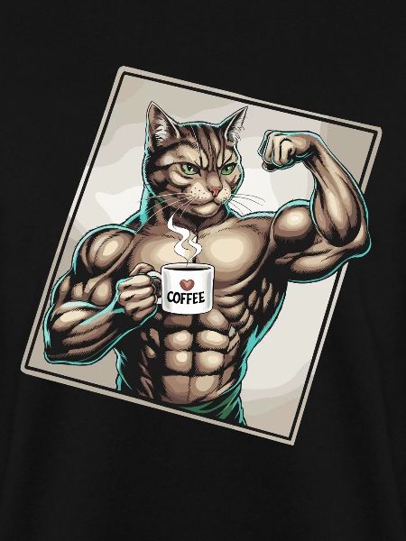 Powerful cat with coffee