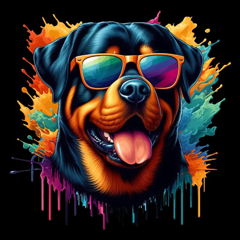 Rottweiler trägt Sonnenbrille Farbspritzer
