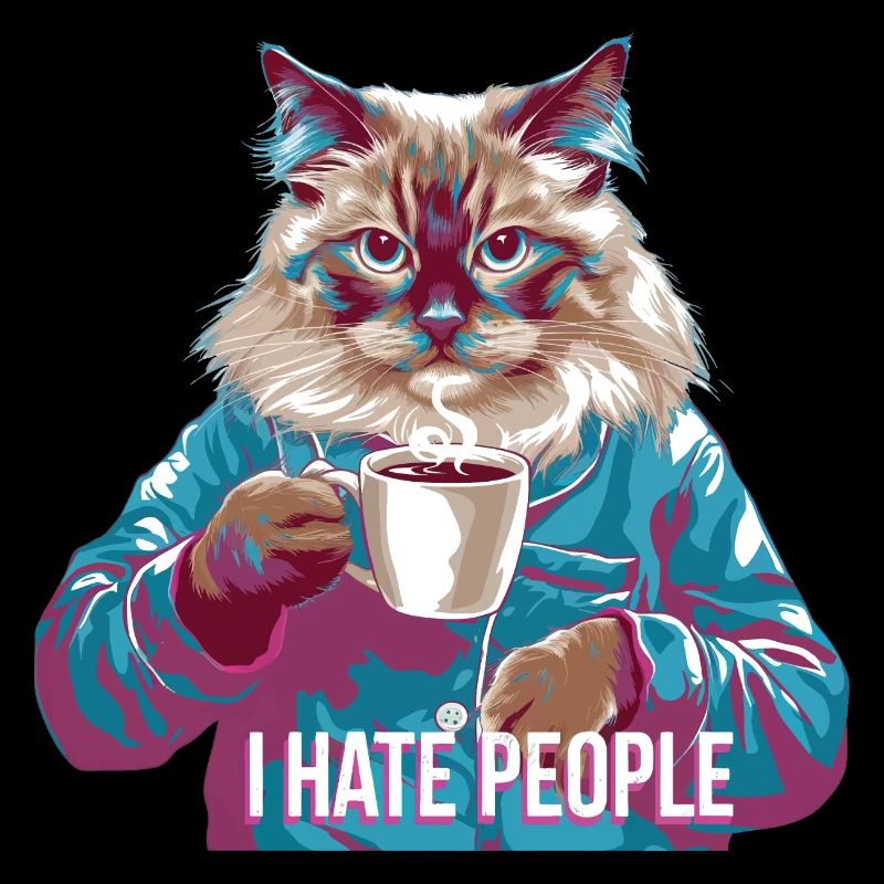 I hate people cat in pajamas with coffee