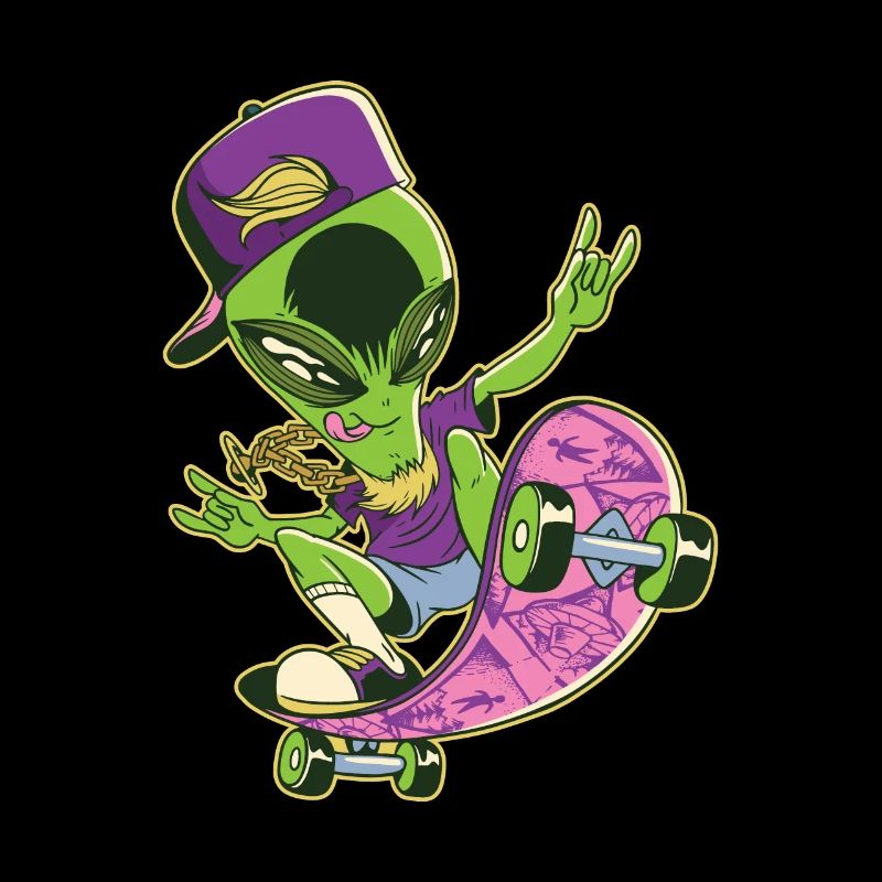 Alien skateboarder with cool skater clothes