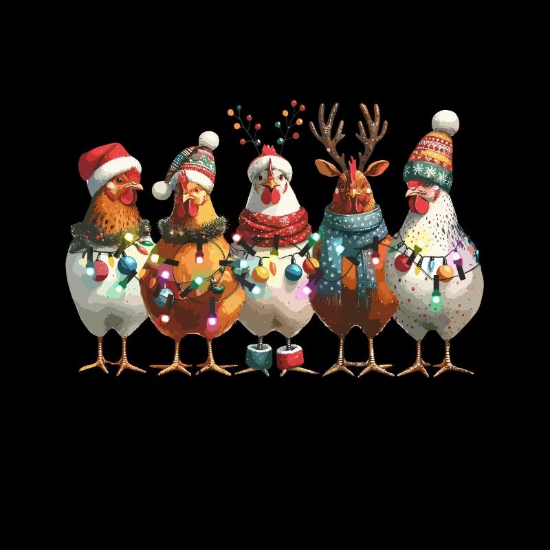 Christmas chickens with fairy lights and caps