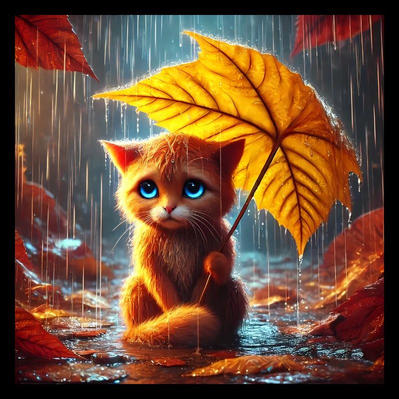 Traurige Katze im Regen im Herbst