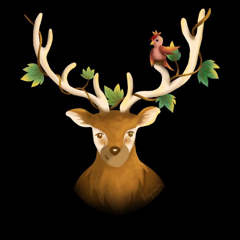 Hirsch oder Waldrentier mit Vogel und Efeu