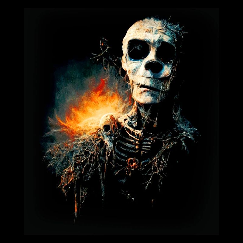 Dangerous Halloween skeleton with flame on the back