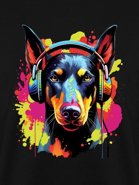 Bunter Dobermann mit Kopfhörer