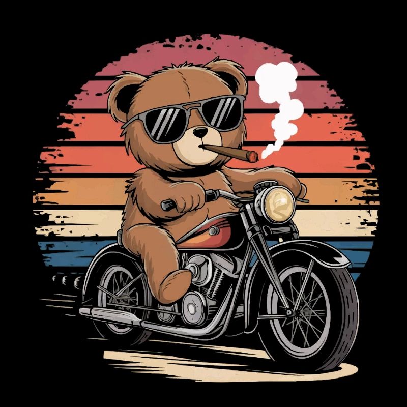 Teddy bear with sunglasses riding motorcycle vintage